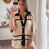 Natural Striped Pointelle Crochet Cardigan