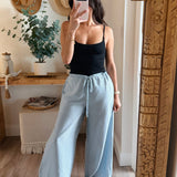 Pinstripe Woven Wide-Leg Drawstring Pocket Pants