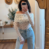 Floral-Print Lace Long-Sleeve Off-Shoulder Foldover Bodysuit
