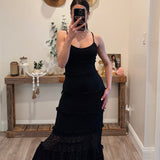 Black Tiered Ruffled Lace Maxi Dress with Partial Lining