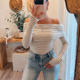 Striped Knit Foldover Off-Shoulder Bodysuit