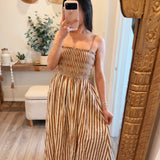 Taupe Striped Cotton-Blend Smocked Pocket Midi Dress