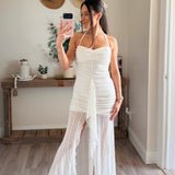 Striped Floral Lace Drop-Waist Ruched Halter Maxi Dress