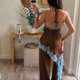 Contrast Lace Trim Satin Halter Jumpsuit
