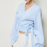 Baby Blue Ballet Wrap Tie Knit Sweater