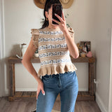 Knit Multi Color Jacquard Ruffle Cap Sleeve Top