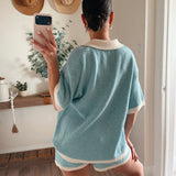 Light Chambray Striped Rib-Knit Collared Split-Neck Top