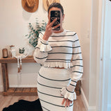 White Striped Ruffle Knit Crop Top and Midi Skirt Set