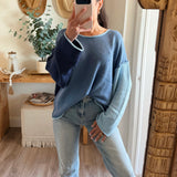 Blue-Chambray Textured Colorblock Knit Rolled-Edge Sweater
