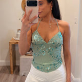 Sage Sequin Floral Embellished Halter Top