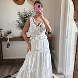 Cream Embroidery Smocking Waist V-Neck Top