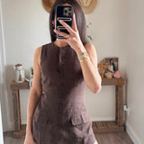 Brown Linen Button Down Vest Top