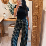 Navy Plaid Pleated Wide Leg Trousers