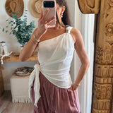 White Asymmetrical One Shoulder Wrap Front Tie Top
