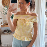 Peony Yellow Checker Off-Shoulder Smocked Body Tie Tube Top