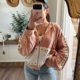 Pink Mauve Vintage Washing Double Gauze Stud Detail Hoodie Zip up