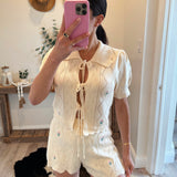 Cream Floral Embroidered Crochet Knit Top