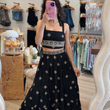 Boho Black/Gold Tiered Midi Skirt