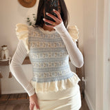 White/Blue Jacquard Ruffle Cap Sleeve Top (mable)