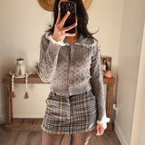 Grey Lace Trim Collar Cable Knit Cardigan