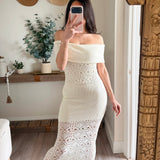 Cream Foldover Off Shoulder Maxi Dress