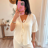 Promesa Pointelle Crochet-Knit Tie-Front Short-Sleeve Top