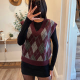 Burgundy Argyle V Neck Vest