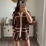 Chocolate Striped Pointelle Crochet Shorts