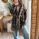 Chocolate Paisley Pattern Knit Open Front Shawl Collar Cardigan