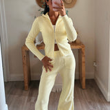 Lemon Knit Zip-Up Top & Flared Leg Pants Set