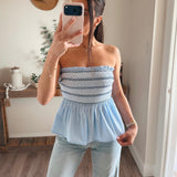 Blue Strapless Ruffled Edge Embroidery Top