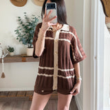 Chocolate Striped Pointelle Crochet Cardigan