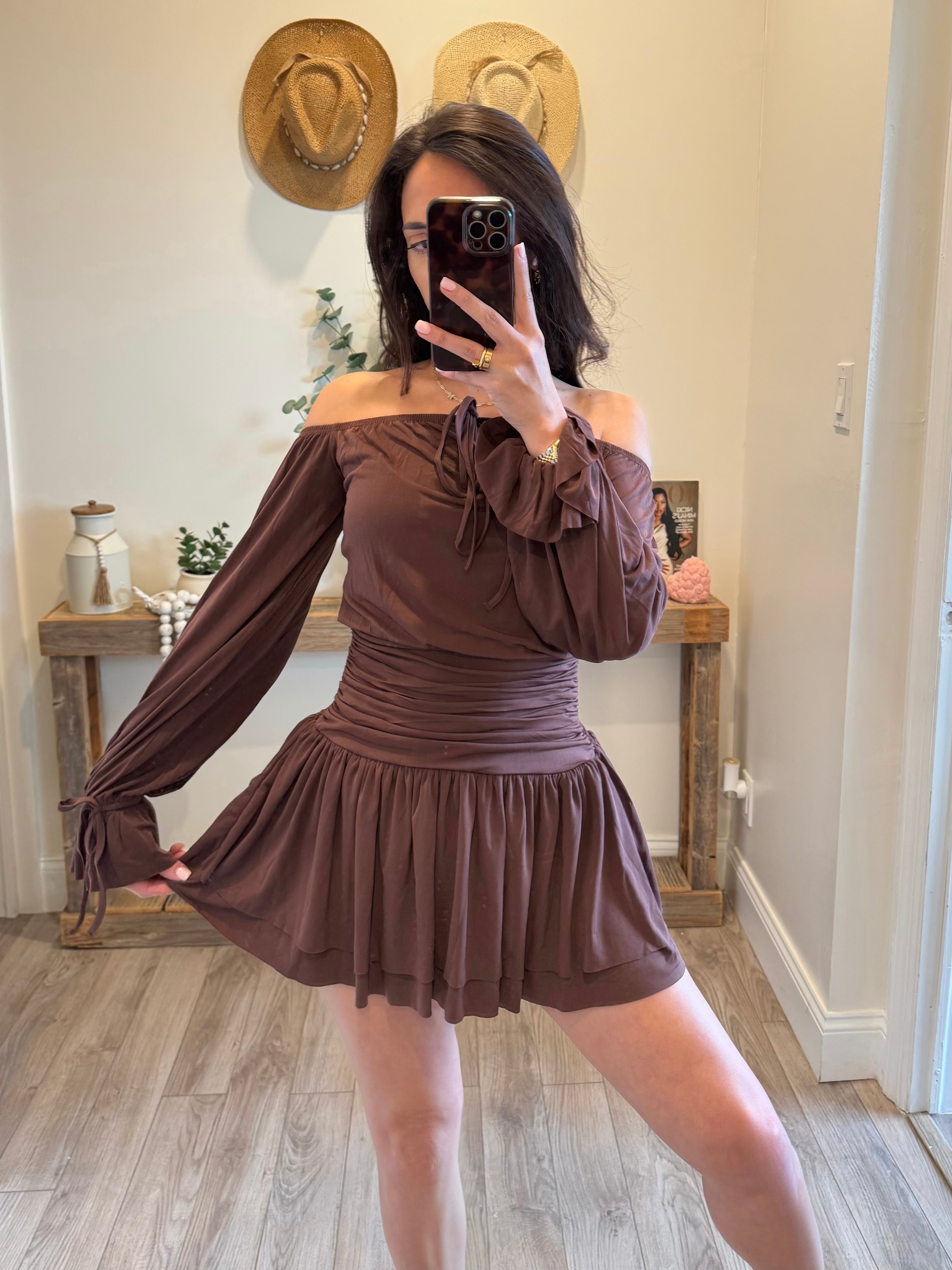 Mocha Off Shoulder Halter Mini Dress S Mocha Off Shoulder Halter Mini Dress S