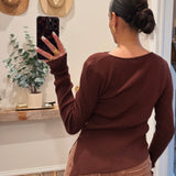 Brown Twisted Front Ribbed Sweater Top W Asymmetric Hem