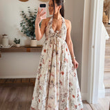 Floral-Print Smocked Halter Paneled Maxi Dress