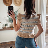 Knit Multi Color Jacquard Ruffle Cap Sleeve Top
