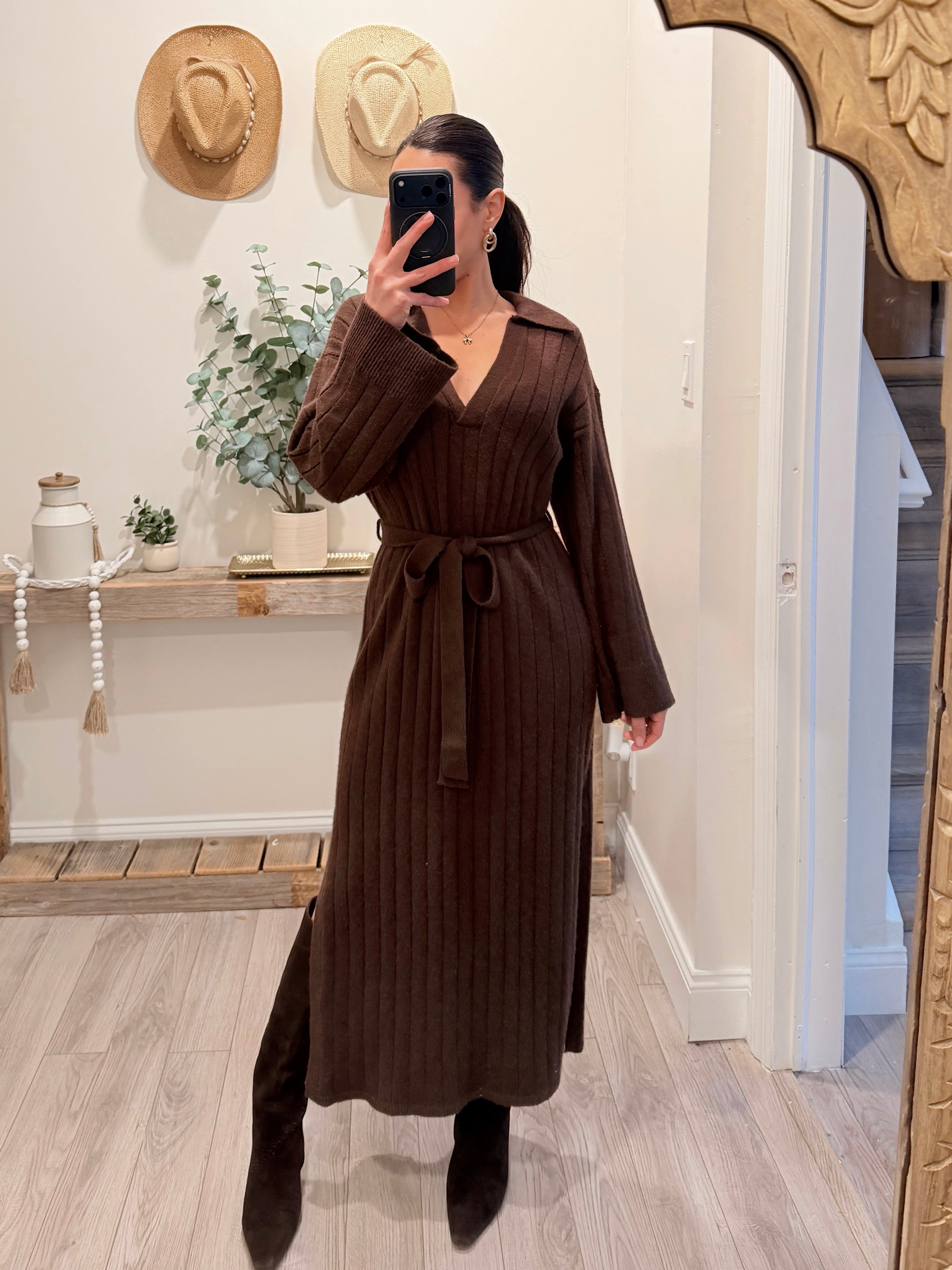 brown sweater maxi dress Plus Size Button Up Long Sleeve Sweater Collar, Flowing By Maxi Dress in Brown, Size 1X, For Office