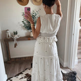 Cream Embroidery Smocking Waist V-Neck Top
