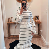 White Striped Ruffle Knit Crop Top and Midi Skirt Set