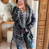 Navy Paisley Pattern Knit Open Front Shawl Collar Cardigan