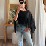 Black Cape Sheer Top With Asymmetrical Hem