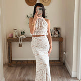 Cream Lace Openback Halter Set - Top/Maxi Skirt