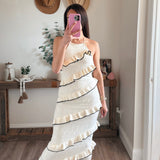 White Sweater Halter Midi Dress With Black Diagonal Frills