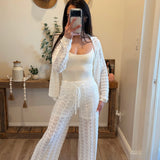 Pointelle Crochet-Knit Drawstring Sweater Pants