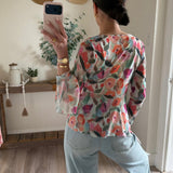 Floral-Print Mesh V-Neck Bell-Sleeve Flyaway Top