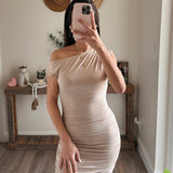 Asymmetric Off Shoulder Ruched Maxi Dress - Tan
