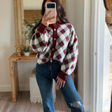 Plaid Jacquard-Knit Button-Front Crew-Neck Cardigan Sweater