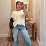 Brown-Taupe Textured Colorblock Knit Rolled-Edge Sweater