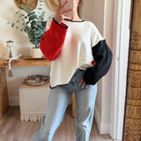 Cream-Red Textured Colorblock Knit Rolled-Edge Sweater