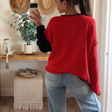 Cream-Red Textured Colorblock Knit Rolled-Edge Sweater